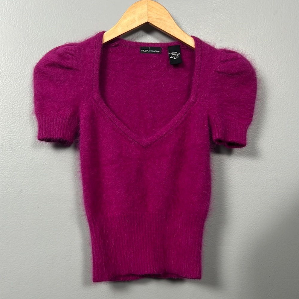 Moda International Angora Blend Sweater Sweat heart neckline size XS puff sleeve - Picture 5 of 11